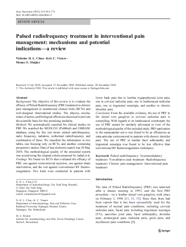 (PDF) Pulsed radiofrequency treatment in interventional pain management mechanisms and