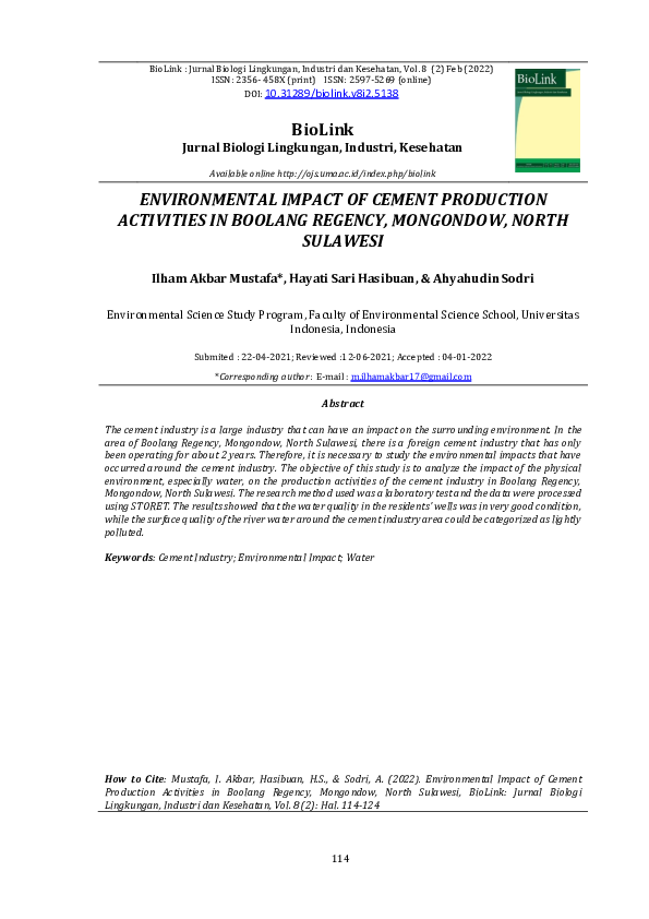 (PDF) Environmental Impact of Cement Production Activities in Boolang ...