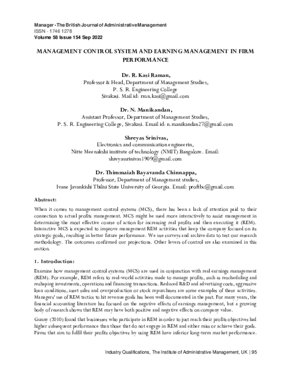 (PDF) MANAGEMENT CONTROL SYSTEM AND EARNING MANAGEMENT IN FIRM PERFORMANCE