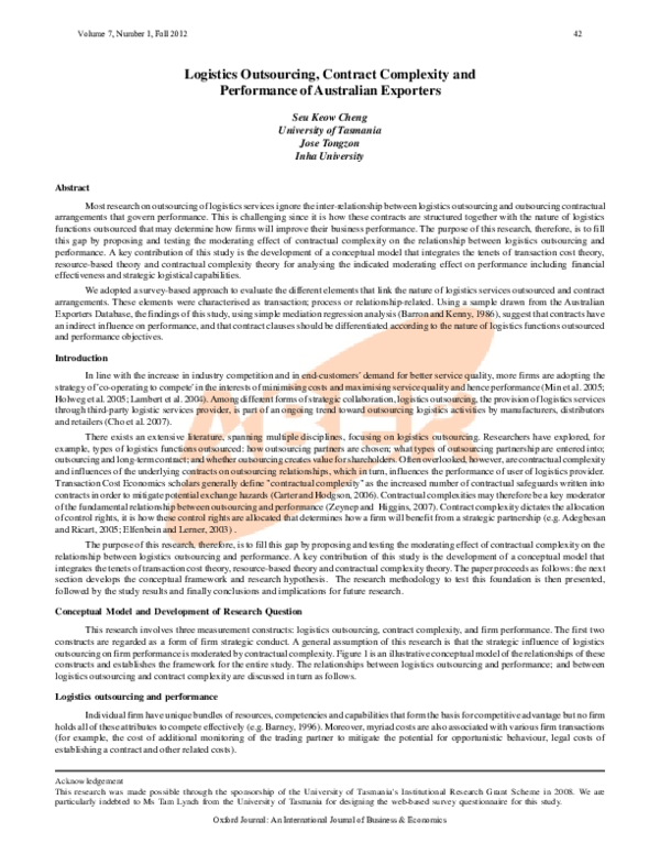 (PDF) Logistics Outsourcing, Contract Complexity and Performance of ...