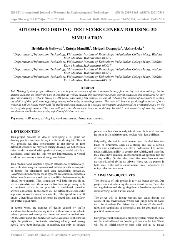 (PDF) Automated Driving Test Score Generator Using 3D Simulation