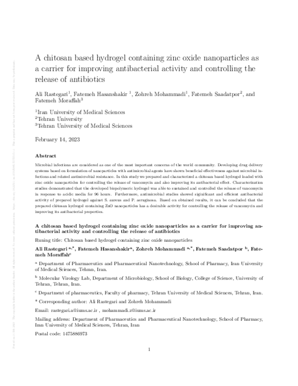 (PDF) A chitosan based hydrogel containing zinc oxide nanoparticles as ...