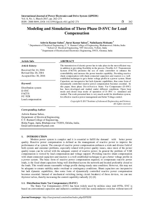 (PDF) Modeling and Simulation of Three Phase D-SVC for Load Compensation