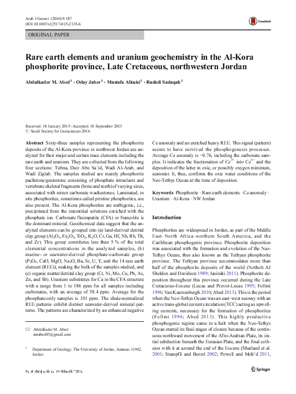 (PDF) Rare earth elements and uranium geochemistry in the Al-Kora ...