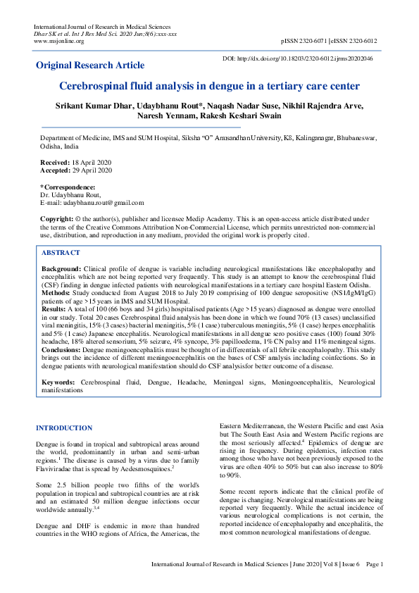 (PDF) Cerebrospinal fluid analysis in dengue in a tertiary care center