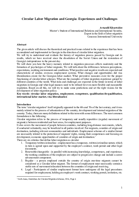 (PDF) Circular Labor Migration and Georgia: Experiences and Challenges