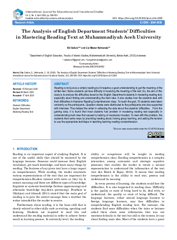 (PDF) The Analysis of English Department Students’ Difficulties in ...
