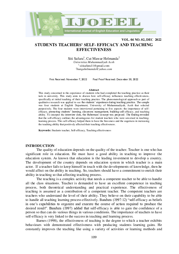 (PDF) Students Teachers’ Self- Efficacy and Teaching Effectiveness