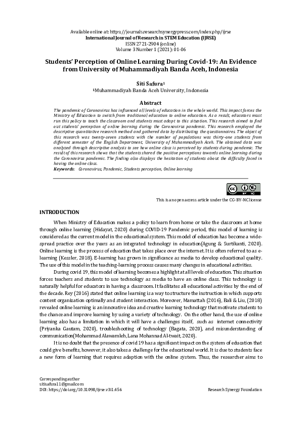 (PDF) Students’ Perception of Online Learning During Covid-19: An ...