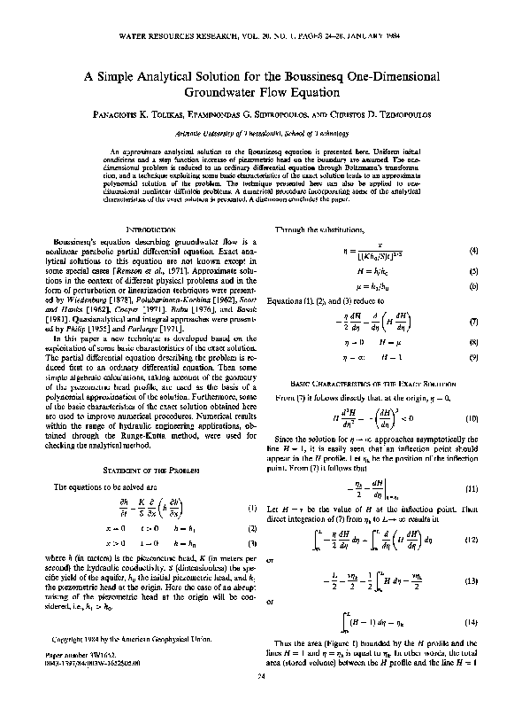 (PDF) A Simple Analytical Solution for the Boussinesq One-Dimensional ...