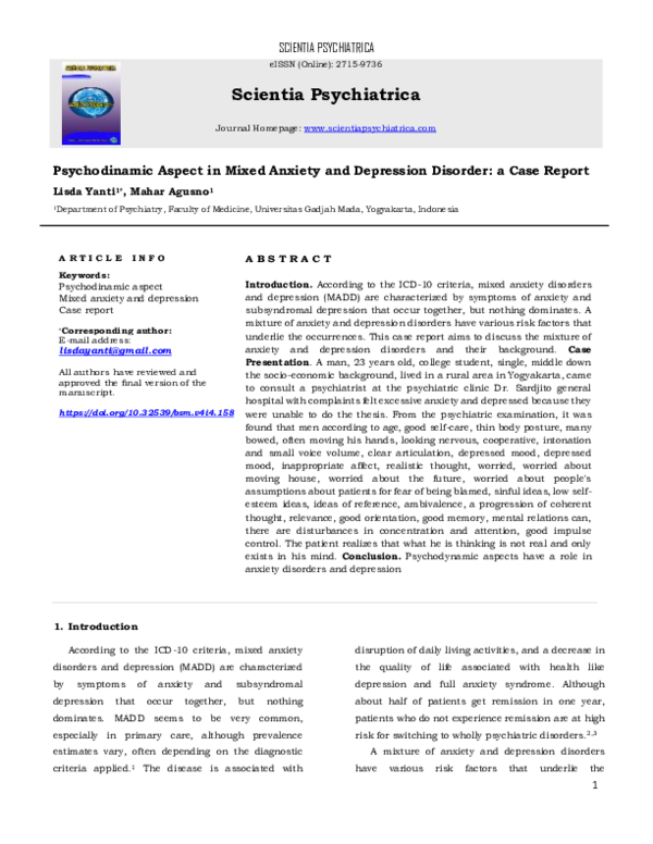 (PDF) Psychodinamic Aspect in Mixed Anxiety and Depression Disorder a
