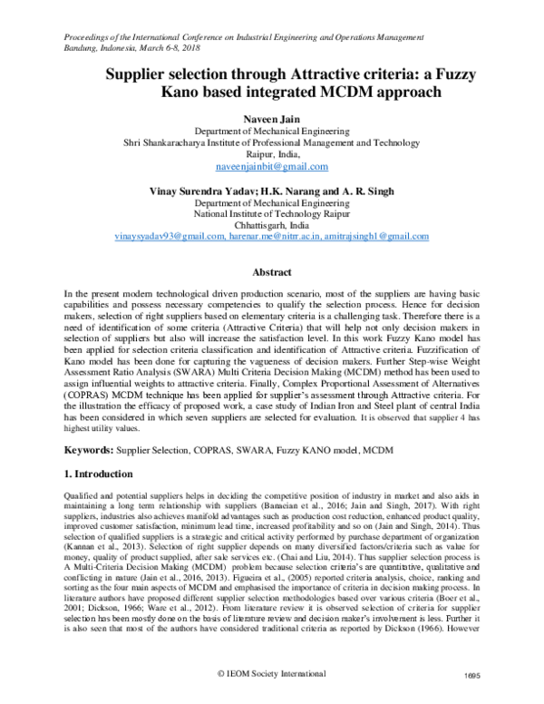 (PDF) Supplier selection through Attractive criteria : a Fuzzy Kano ...