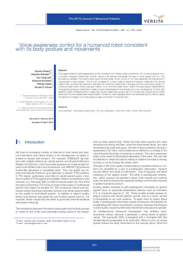 (PDF) Voice-awareness control for a humanoid robot consistent with its ...