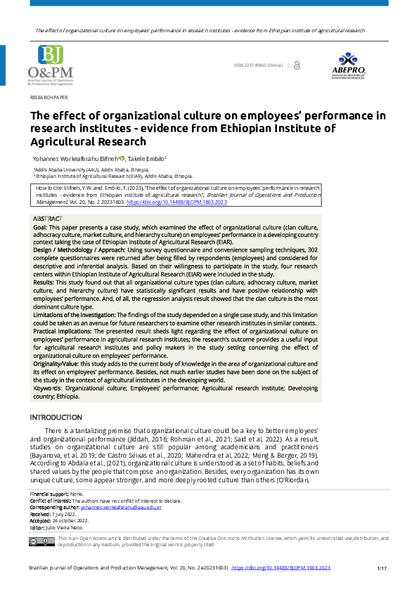 (PDF) The effect of organizational culture on employees’ performance in ...