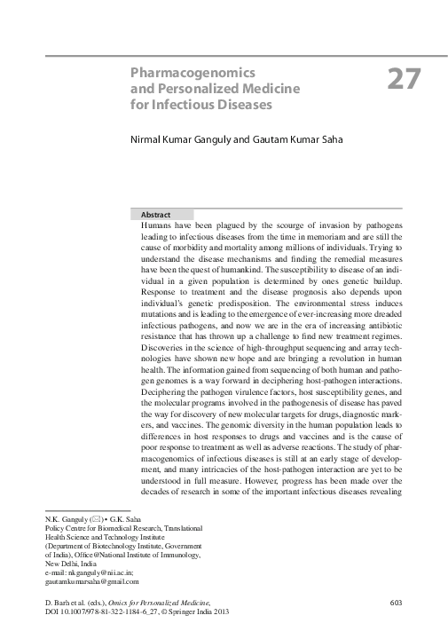 (PDF) Pharmacogenomics and Personalized Medicine for Infectious Diseases