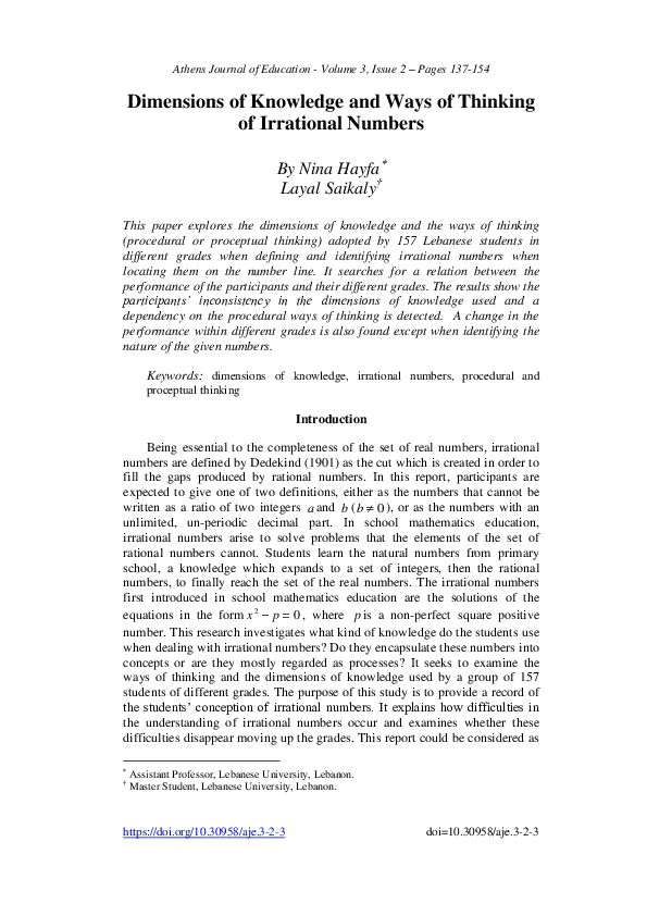 (PDF) Dimensions of Knowledge and Ways of Thinking of Irrational Numbers