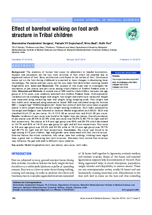 (PDF) Effect of barefoot walking on foot arch structure in Tribal children