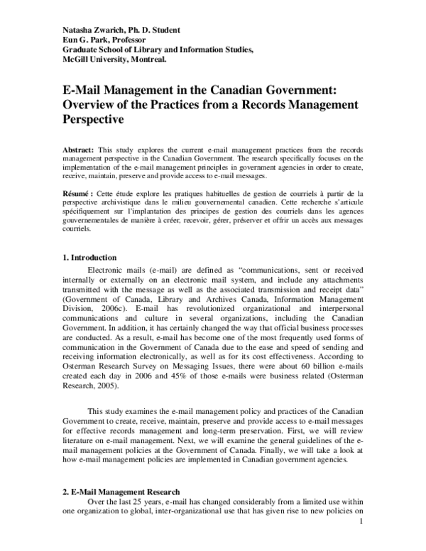 (PDF) E-Mail Management in the Canadian Government: Overview of the ...