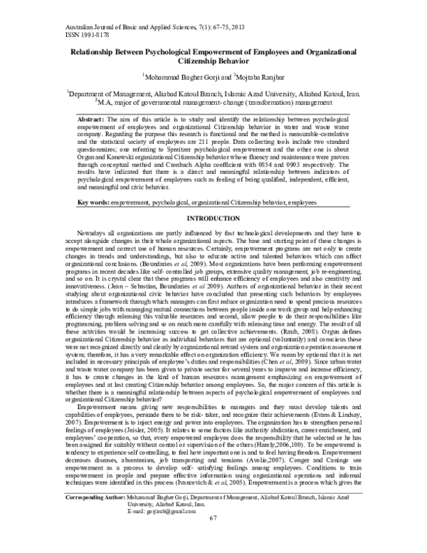 (PDF) Relationship Between Psychological Empowerment of Employees and ...