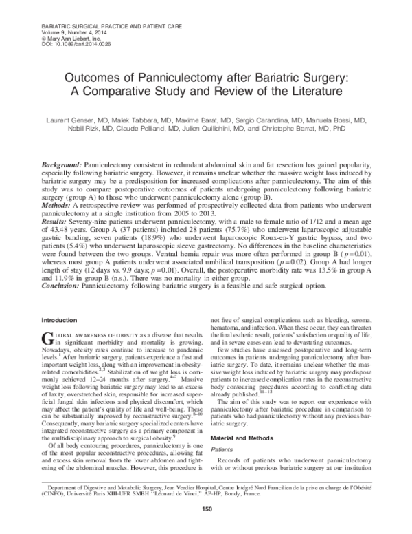 (PDF) Outcomes of Panniculectomy after Bariatric Surgery: A Comparative ...