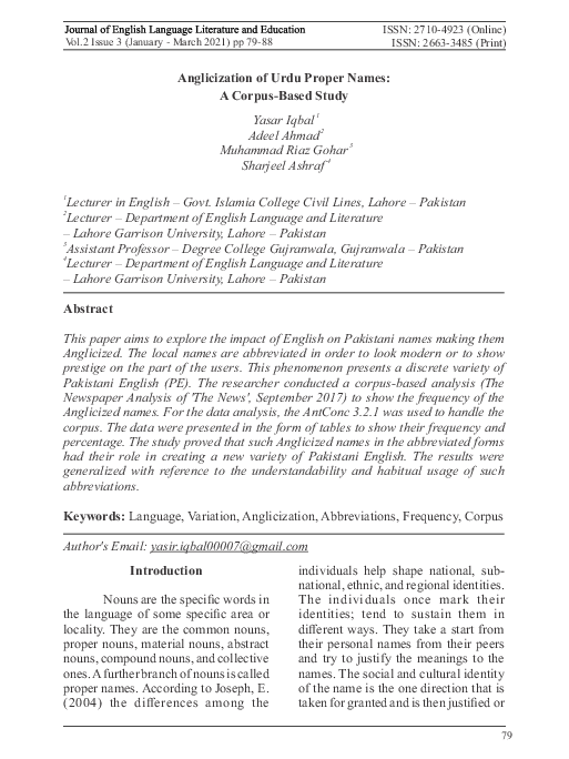 (PDF) Anglicization of Urdu Proper Names: A Corpus-Based Study
