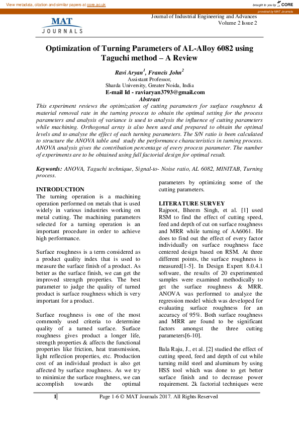 (PDF) Optimization of Turning Parameters of AL-Alloy 6082 using Taguchi ...