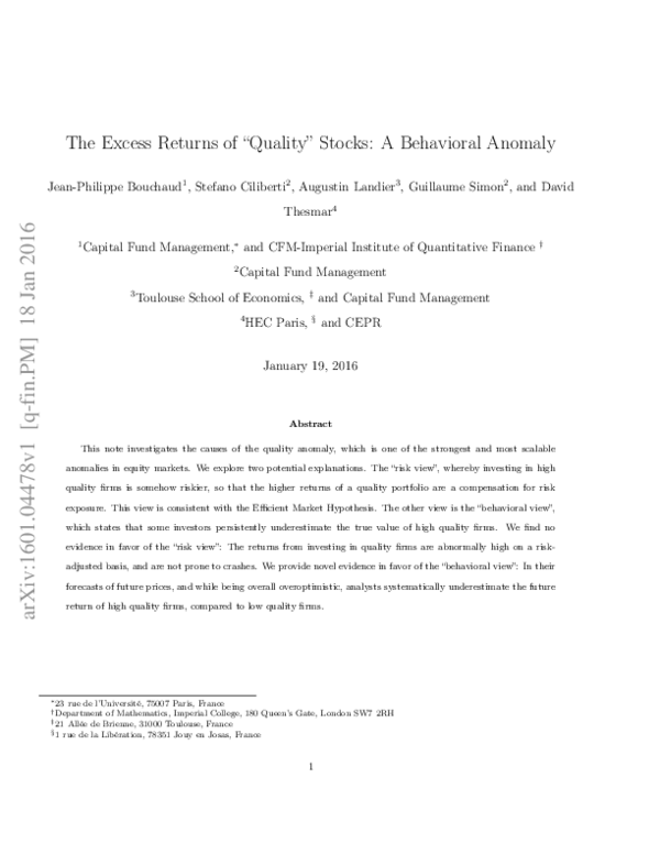 (PDF) The Excess Returns of 'Quality' Stocks: A Behavioral Anomaly