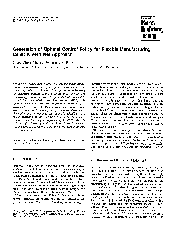 (PDF) Generation of optimal control policy for flexible manufacturing ...