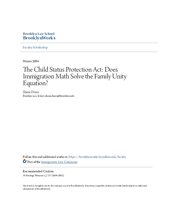 (PDF) The Child Status Protection Act: Does Immigration Math Solve the ...