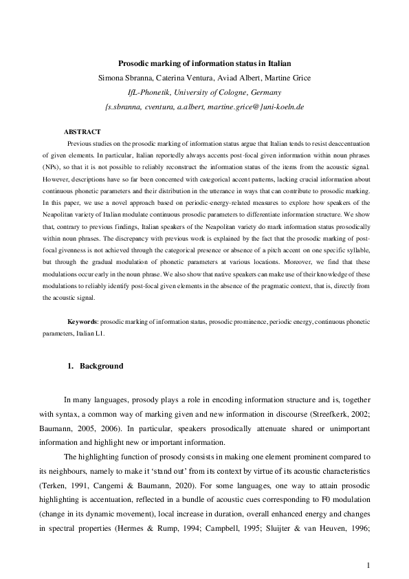 (PDF) Prosodic marking of information status in Italian. Sbranna et al 2023