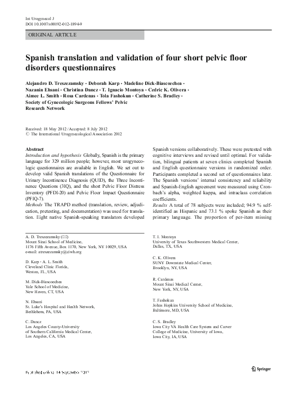 (PDF) Validating Spanish Translations of Four Pelvic Floor Questionnaires