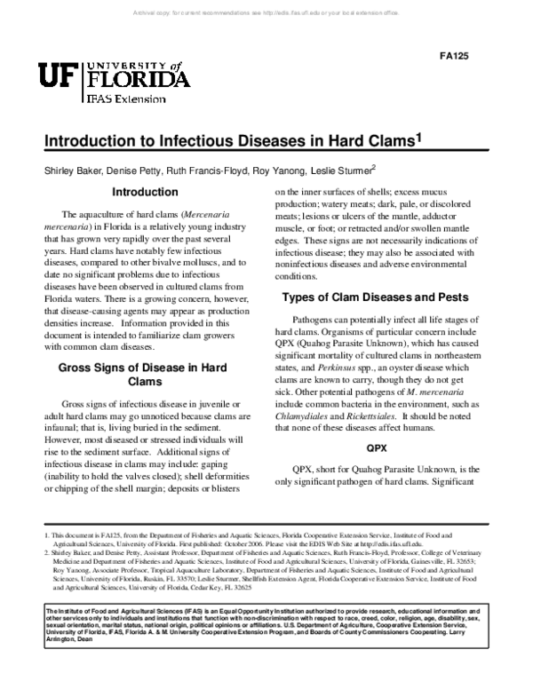 (PDF) Introduction to Infectious Diseases in Hard Clams S. Baker