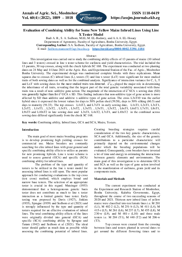 (PDF) Evaluation of Combining Ability for Some New Yellow Maize Inbred ...