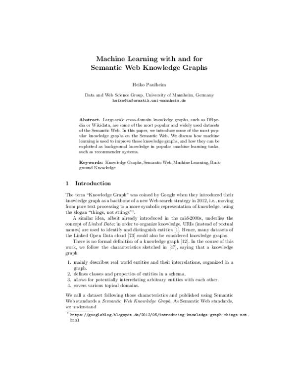 (PDF) Machine Learning with and for Semantic Web Knowledge Graphs