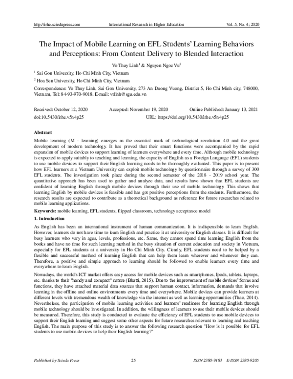 (PDF) The Impact of Mobile Learning on EFL Students’ Learning Behaviors ...