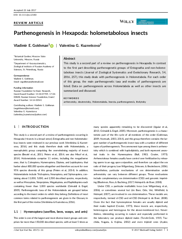 (PDF) Parthenogenesis in Hexapoda: holometabolous insects