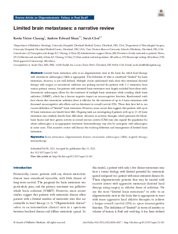 (PDF) Limited brain metastases: a narrative review
