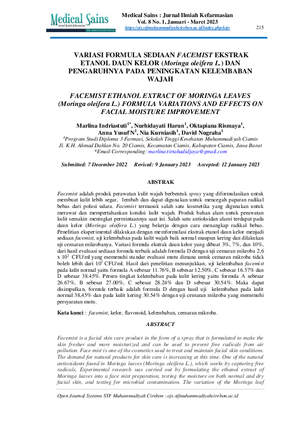 (PDF) VARIASI FORMULA SEDIAAN FACEMIST EKSTRAK ETANOL DAUN KELOR ...