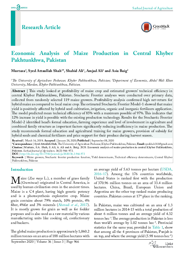(PDF) Economic Analysis of Maize Production in Central Khyber ...