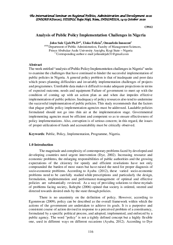 (PDF) Analysis of Public Policy Implementation Challenges in Nigeria