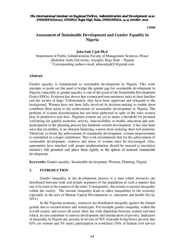 (PDF) Assessment of sustainable development and gender equality in Nigeria