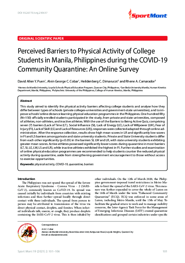 (PDF) Perceived Barriers to Physical Activity of College Students in ...