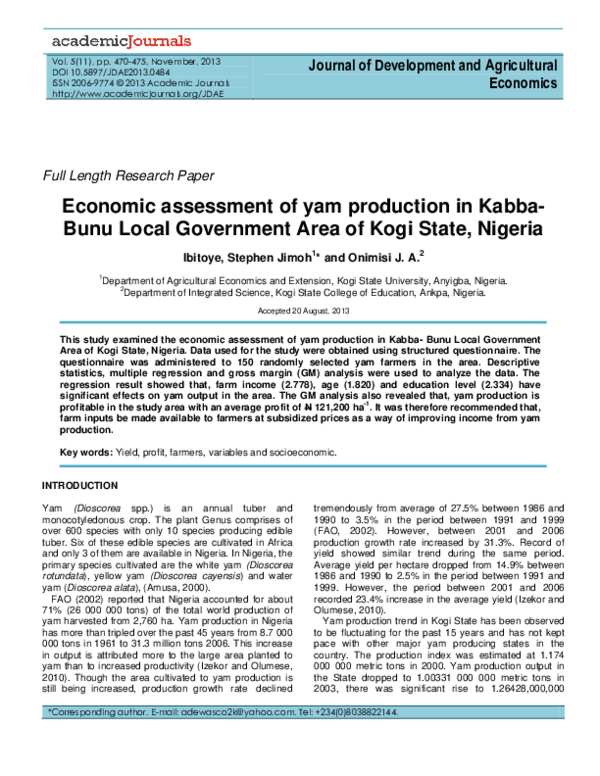 (PDF) Economic assessment of yam production in Kabba- Bunu Local ...