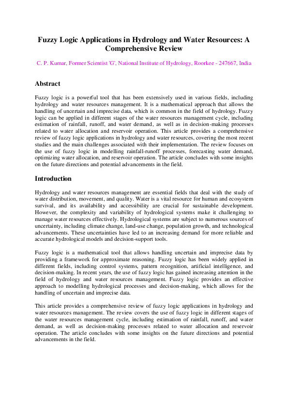 (PDF) Fuzzy Logic Applications in Hydrology and Water Resources: A ...