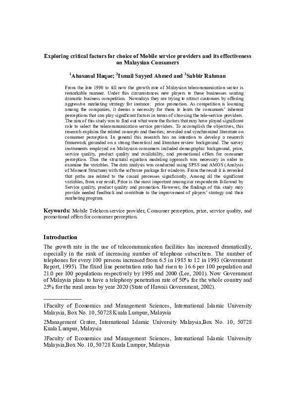 (PDF) Exploring critical factors for choice of Mobile service providers ...