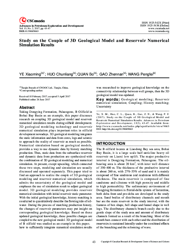 (PDF) Study on the Couple of 3D Geological Model and Reservoir ...