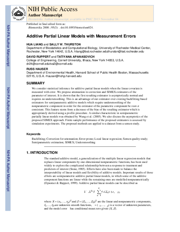 (PDF) Additive partial linear models with measurement errors