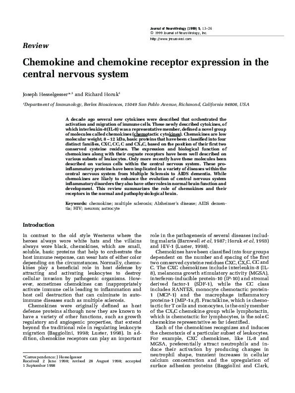 (PDF) Chemokine and chemokine receptor expression in the central ...