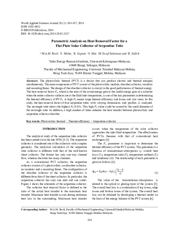 (PDF) Parametric Analysis on Heat Removal Factor for a Flat Plate Solar ...