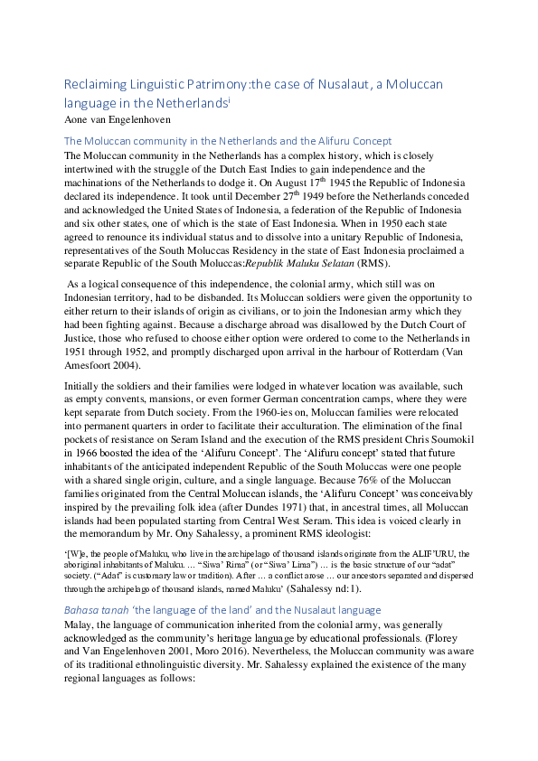 (PDF) Reclaiming Linguistic Patrimony:the case of Nusalaut, a Moluccan ...